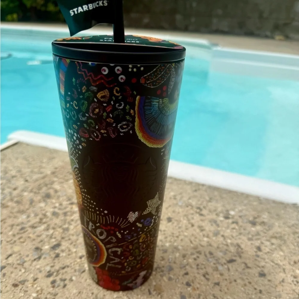 Starbucks x Farm Rio collab Borogodo Black and Multicolor 24oz cold cup  Tumbler